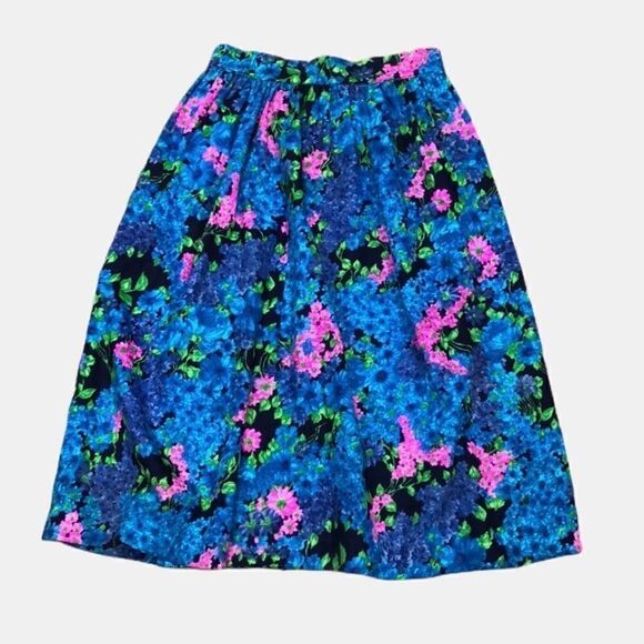 Vintage 60s 70s Handmade Floral Mini Skirt Blue Pink Green High Waist Pleated - Picture 1 of 10